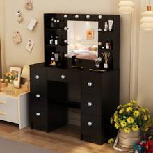 Dressing Table Makeup Vanity Desk Set With Dresser Mirror 3 Color Lights - Large Dressing Table Set & LED Makeup Mirror Drawers Vanity Desk For Bedroom