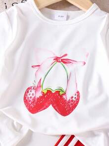 2pcs Girl Sporty Cute Strawberry Print T-Shirt + Bow Decor Long Pants Set, Summer Outfit - Red - View 4