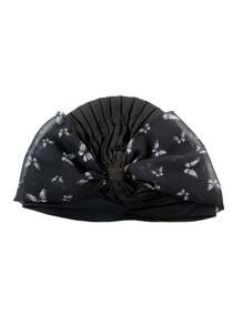 1pc Women's Pre-Tied Satin Turban Hat – Elegant Black Headwrap With White Butterfly Print, Soft Stretch Cap For Muslim Fashion, Party, Or Daily Wear