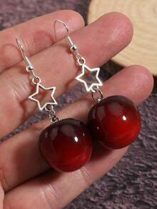 新款星星和樱桃设计耳环，奢华水钻优雅时尚吊坠耳环，别致甜美风格 - 紅色 - 查看 4