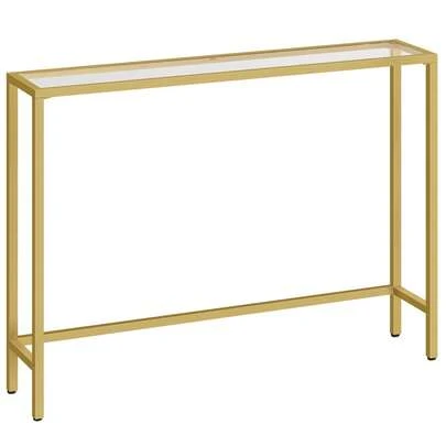 HOOBRO Gold Console Table For Hallway Slim, 100 Cm Tempered Glass Sofa Table, Slim Hallway Table, Glass Console Table, Modern Display Table For Living Room, Entryway, Metal Frame