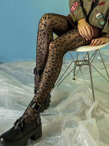 1 双女士性感豹纹连裤袜，修身时尚百搭紧身裤 - 黑色 - 查看 4