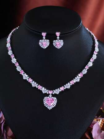 1 Set Women's Pink & White CZ Big Heart Dangle Drop Necklace And Earrings Set, Silver Plated Cubic Zirconia Elegant Jewelry Set For Brides, Wedding, Engagement Party, Bridesmaids, Girlfriends, Mothers - Gift