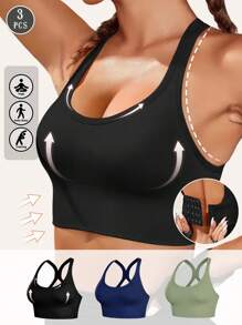 Set de 3 sujetadores deportivos sin costuras y a prueba de golpes, ligeros y transpirables para correr, con diseño estético de espalda, soporte y sin cables, sujetadores de mujer ropa interior cómoda lencería, tops deportivos con acolchado, suaves y sin costuras, tops deportivos inalámbricos, lencería para yoga, sujetadores deportivos curvos para verano