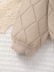 Girls Diamond Plaid Openwork Knitted Cardigan, Round Neck, Casual Wear For Spring/Autumn - 卡其色 - 查看 4