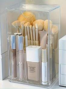 Adjustable Clear Acrylic Makeup Brush Holder With Compartments – Expandable Cosmetic Organizer For Vanity, Countertop Storage Box With Multiple Slots, Ideal Birthday Or Valentine'S Gift, Makeup Brushes