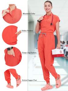Bộ đồng phục y tá màu trơn, cổ đứng, chất liệu co giãn, nhanh khô, phù hợp cho nữ giới/làm đẹp/văn phòng/gia đình, bao gồm áo và quần ống côn. Mùa xuân - trái cam - Xem 2