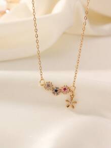 1 pieza Collar colgante de mujer sencillo y versátil con decoración de flor de circonia colorida incrustada en aleación de cobre, adecuado para uso diario, fiesta, regalo