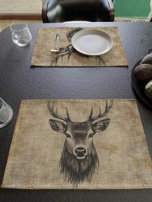 1pc/4pcs/6pcs Deer Portrait Embroidery Design On Burlap Placemat 30.48*45.72cm Washable Place Mats For Dining Room Table Kitchen Table Holiday Parties Home DecorIdeal Place Mat For Coffee Tables - Multicolor - View 5