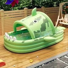 Giant Shark-Themed Inflatable Swimming Pool For Family Fun - PVC, Easy Storage, Perfect For Outdoor Parties, Summer Water Games, And Backyard Entertainment, Green With White Light Beige & Yellow Eyes Design - Multicolor - View 6