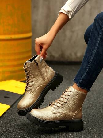 Gold Side Zipper Boots With Lace-Up Design, Fashionable And Elegant Lychee Texture Short Ankle Boots, Patchwork Design Thick Heel Women Shoes For Autumn/Winter