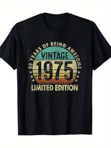 Men'S 50Th Birthday Gift - Vintage 1975 Vintage Pattern T-Shirt - Heavy Duty Slim Fit Short Sleeve T-Shirt With 50 Years Of Awesome Design - Limited Edition Black Casual Shirt, Vintage T-Shirt - Black - View 1
