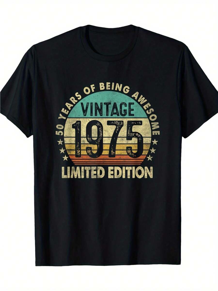 Men'S 50Th Birthday Gift - Vintage 1975 Vintage Pattern T-Shirt - Heavy Duty Slim Fit Short Sleeve T-Shirt With 50 Years Of Awesome Design - Limited Edition Black Casual Shirt, Vintage T-Shirt - Black - View 1
