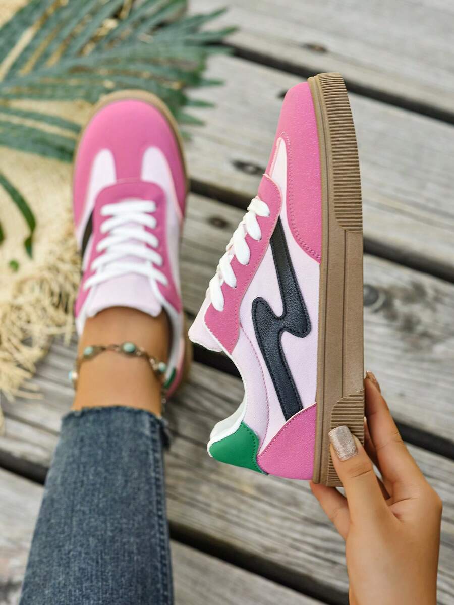 Damskie trampki sznurowane z okrągłym noskiem i kolorowym blokiem, płócienne buty szkolne na co dzień, wiosna i jesień