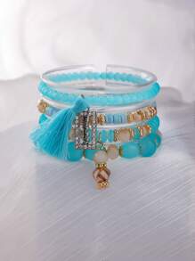 4pcs/Set Bohemian Elegant Sparkling Tassel Beaded Elastic Bracelet Set, Suitable For Women's Daily Wear, Birthday Party, Vacation, Gift