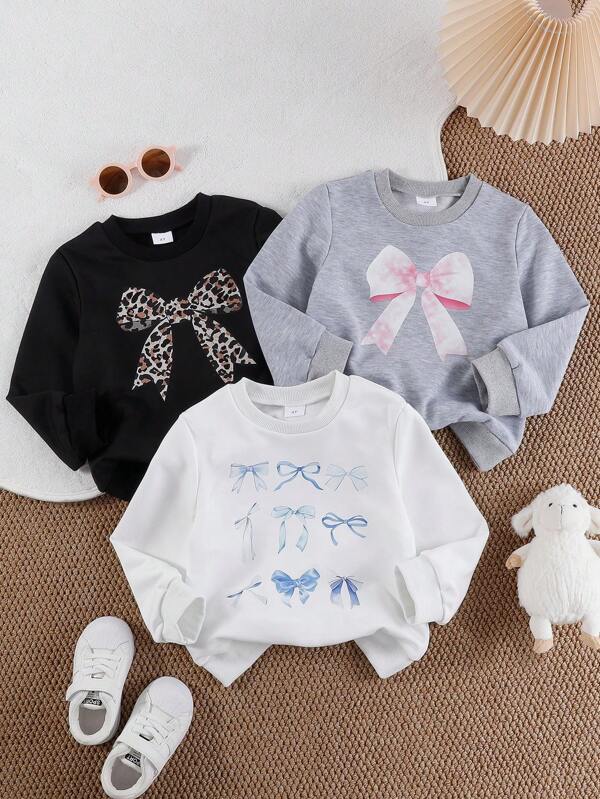 Young Girls' Casual Simple Bow Pattern Loose Comfortable Knit Long Sleeve Sweatshirt, Suitable For Spring & Autumn, Sweet And Versatile For Daily Wear