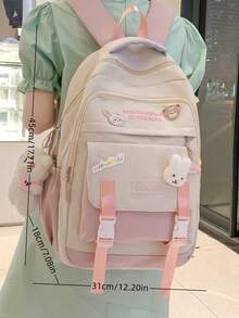 Letter Graphic Classic Backpack With Cartoon Pendant And School Badge Decor, Suitable For Back To School Season, College Life And Various Occasions - Pink - View 3
