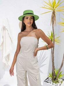Women's Strapless Tactel Jumpsuit With Cargo Pockets - 米色 - 查看 4
