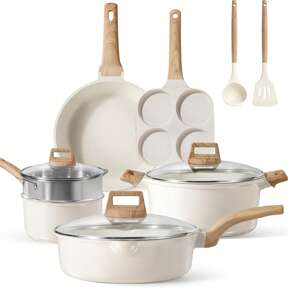 Set di pentole e padelle in ceramica antiaderente, set di pentole sane e a fondo piatto, set da cucina, con manico fresco, pentola in ceramica antiaderente per stufati con coperchio, rivestimento in granito bianco