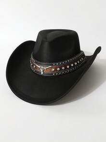 1 件女士优质 PU 皮革带装饰高端牛仔帽，时尚新西部风格，男女通用爵士帽，适合日常佩戴，西部主题活动、派对、节日、音乐节 - A - 查看 8