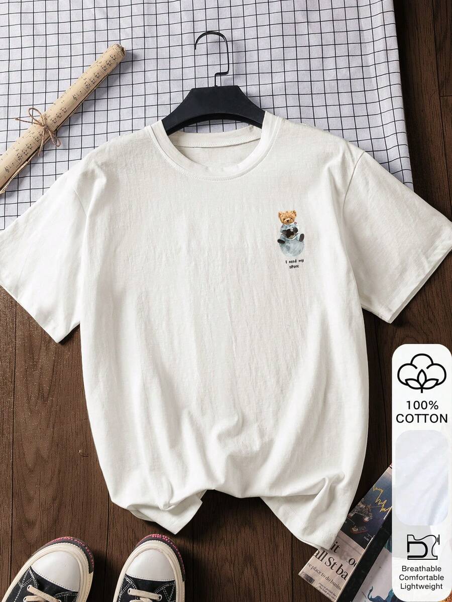 Women's Casual Bear Print 100% Cotton Short Sleeve Top, Graphic Tee, Soft Fabric, Cotton Apparel, Outdoor Wear, Printed Pattern, Summer T-Shirt, Vacation , Travel Style, Beach Vibe, Minimalist Resort Wear White - White - View 1