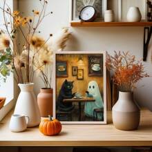 1 件/2 件复古简约可爱幻想风格帆布印刷装饰海报，两个万圣节鬼魂和一只喝咖啡的小黑猫，万圣节墙壁艺术，儿童房、咖啡馆、甜品店、万圣节主题空间的装饰品，无框