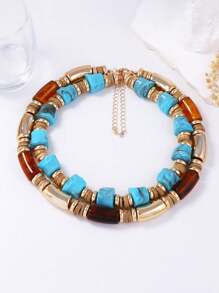 1 pieza Collar de doble capa de segmentos de bambú vintage exagerado personalizado, accesorio de joyería de uso diario casual para mujeres