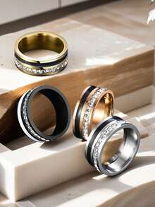 1 件不锈钢锆石镶嵌男士戒指，适合日常、派对、节日、婚礼和户外场合，情侣戒指，生日礼物，婚礼配饰 - 彩色 - 查看 8