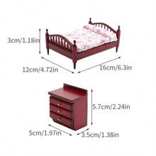 1pc Miniature European Style Wooden & Fabric Doll House Bedroom Furniture Set, Double Bed & Nightstand, Suitable For Doll House Play, Birthday Gifts, Christmas Gifts