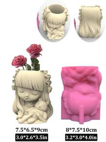 DIY公主女孩与兔子硅胶模具，用于笔筒、花盆、烛台 - 环氧树脂手工工具长发女孩抱着兔子娃娃花盆混凝土花瓶模具家居装饰 - 彩色 - 查看 9