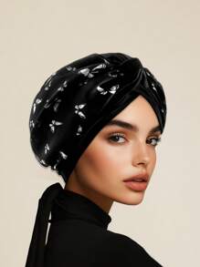 1pc Women's Pre-Tied Satin Turban Hat – Elegant Black Headwrap With White Butterfly Print, Soft Stretch Cap For Muslim Fashion, Party, Or Daily Wear