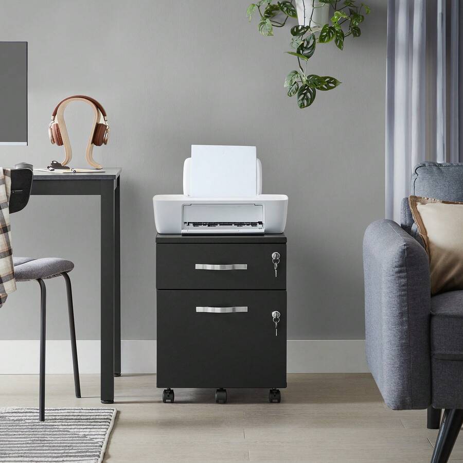 Caisson de Bureau à roulettes, Verrouillable, avec 2 Tiroirs, 5 roulettes, Barre de Suspension Réglables, pour Dossiers Suspendus au Format A4, Noir d'encre - Noir - Voir 1