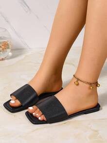 Wide Fit Rhinestone Decor Comfortable Casual Flat Slippers, Women Summer Outdoor Slip-On Sandals, Braided Roman Style, Suitable For Dress, Beach, Holiday - Black - View 3