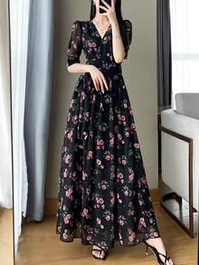 Women's V-Neck Short Sleeve Tie Floral Maxi Dress, High Waist Slim Fit Slit A-Line Dress, Summer Casual Wear For Daily, Date, Beach Vacation, Summer Dresses For Women - 黑色 - 查看 2