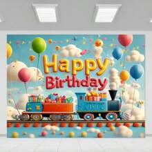 1 Stück Hintergrund mit blauem Himmel, weißen Wolken und Luftballon, kleiner Zug voller Geschenke, Geburtstagsfeierbanner, Party, Heim- und Bürozelebrationshintergrund