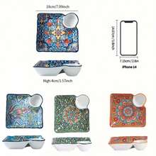 1pc Bohemian Ceramic Dinner Plates With Sauce Dish, Rectangle Decorative Dipping Sauce Plates, Multi-Compartment Serving Trays For Dumplings, Breakfast, Fruits - Perfect Gift For Christmas Dinner, Thanksgiving, Easter Brunch, Mother's Day & Housewarming - 19.05 Cm,School Supplies - Multicolor - View 3
