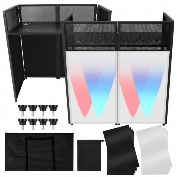 Huisuilinss Huisuilinss Portable DJ Facade Booth,Portable DJ Booth,Foldable DJ Table Stand,Metal Frame DJ Table Station,DJ Booth Panel With White & Black Scrim,Adjustable Feet For Show Party Gathering