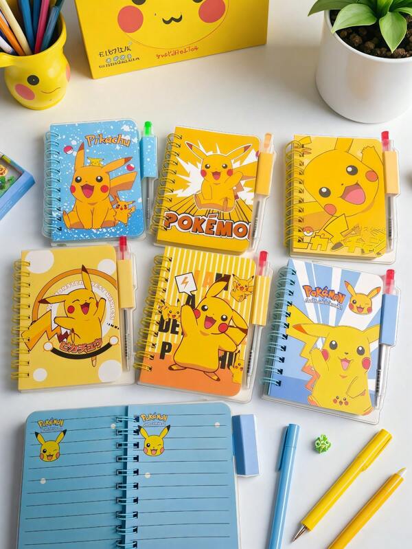 pokemon 1/4pcs Cartoon Pikachu Coil Notebook With Ballpoint Pen, Student Mini Portable Diary Notebook, Sticky Note Stationery Notebook Diary, Exquisite Notebook Diary Color Notebook, Suitable For School Office Travel, Anime Gift, Student Collector, Birthday Gift, Back To School Gifts