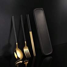 Set di posate in acciaio inossidabile da 3 pezzi con mestolo per zuppa, forchetta e bacchette, manico rinforzato, posate pratiche per studenti e uso all'aperto, per attività all'aperto, picnic o campeggio, set di posate portatile, regalo natalizio per la cucina, regalo per la festa del papà, completo di stoviglie, accessori per la cucina, natale, regali personalizzati