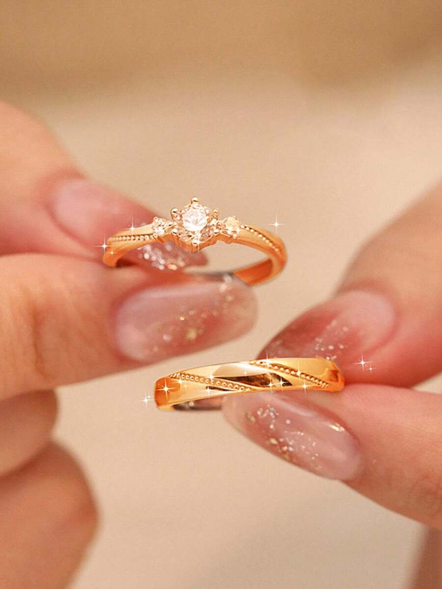 CVNANA 2 piezas Anillos de pareja de circonita, anillos de compromiso de boda "Te amo" regalo del Día de San Valentín - Amarillo Oro - Ver 1