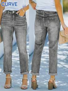 大码女式修身百搭直筒牛仔裤，老款风格，返校，教师，秋季，卡普里，办公室，复古，妈妈牛仔裤，夏季，下装，牛仔布，商务休闲，曲线 - 灰色 - 查看 1