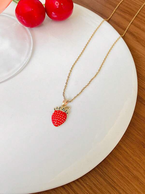 1 pièce Collier pendentif en acier inoxydable avec fraise rouge, collier ras-de-cou élégant et délicat minimaliste pour femmes