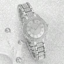 6 Piece Gorgeous,Fashion Jewelry Quartz Deluxe Set Treasure Tray Full Diamond Bracelet Quartz Watch And Cute Rhinestone Necklace, Earrings, Ring, Bracelet Accessory Set Suitable For Daily Wear, Back-To-School Season, Graduation Season, Friendship, Thanksgiving, Couples, The Best Gifts