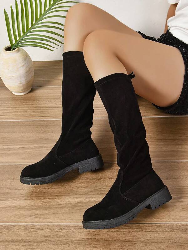 1 paire de bottes longues décontractées rétro en tissu de couleur unie, synthétique noir avec lacets. Améliorez votre tenue, mettez en valeur la texture du matériau et les effets de style. Convient pour les festivals, les fêtes, l'extérieur, toutes les saisons