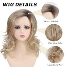 Strawberry Blonde 14 Inch Bob Wig With Bangs - Shoulder Length Synthetic Wig For Women, Layered Straight Style, Perfect For Halloween, Cosplay & Daily Use - 金髮黑髮 - 查看 3