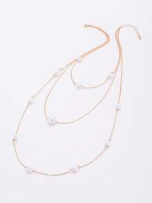 Faux Pearl Charm Layered Necklace, Suitable For Women's Daily And Festival Wear Winter Gifts - Yellow Gold - View 5