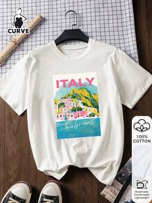 大码女式100%纯棉意大利印花短袖上衣，图案T恤，夏季T恤，纯棉T恤，女式大码短袖，中国新年，农历新年，马年，春节，新年快乐，情人节，情人节礼物，送她的礼物，返校服装，校园穿搭灵感，返校必备单品，开学第一天穿搭，2026返校穿搭