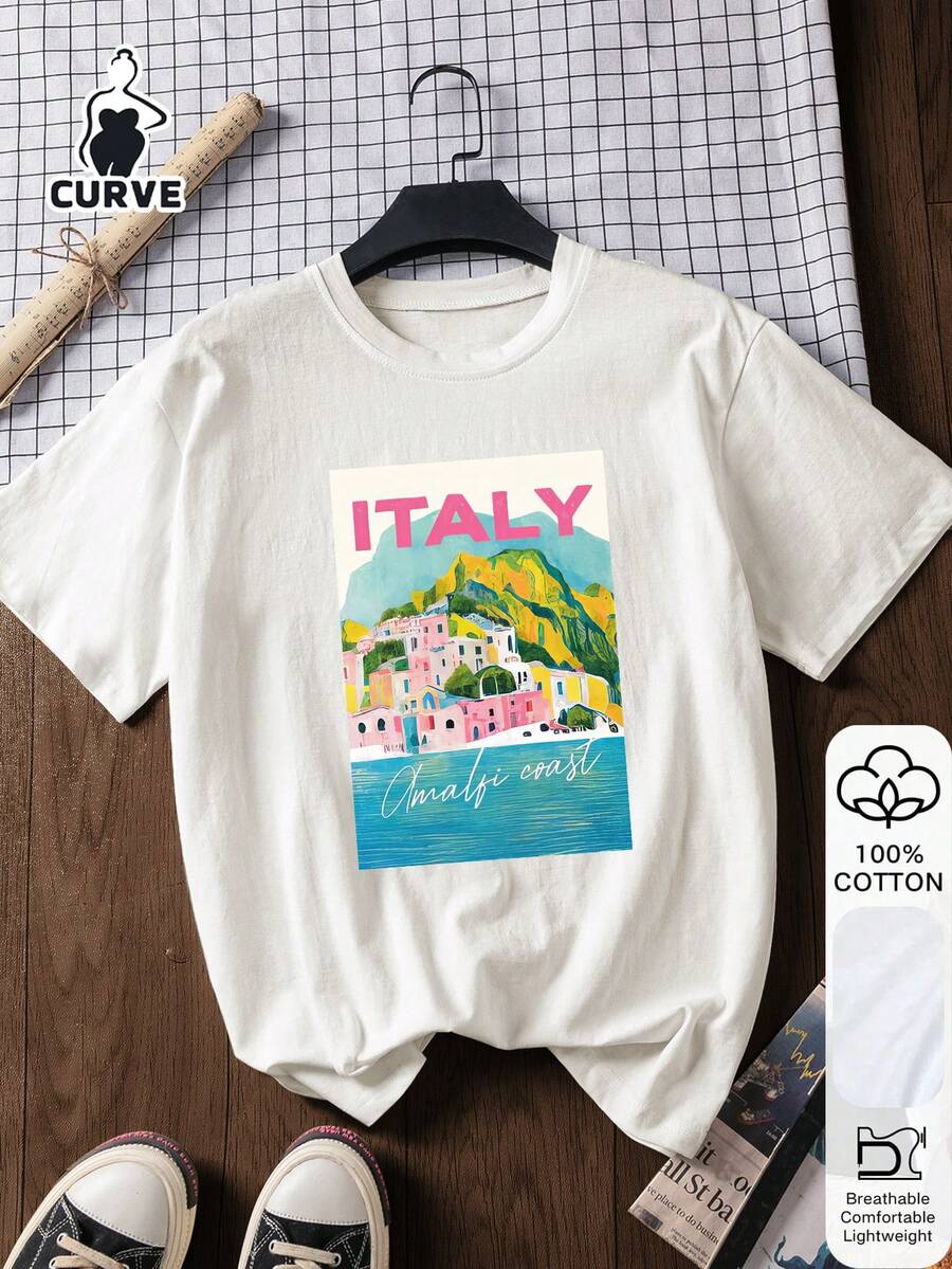 大码女式100%纯棉意大利印花短袖上衣，图案T恤，夏季T恤，纯棉T恤，女式大码短袖，中国新年，农历新年，马年，春节，新年快乐，情人节，情人节礼物，送她的礼物，返校服装，校园穿搭灵感，返校必备单品，开学第一天穿搭，2026返校穿搭