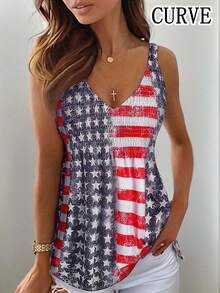 Plus Women's 4th Of July Contrasting Striped Tank Top - Red - View 1