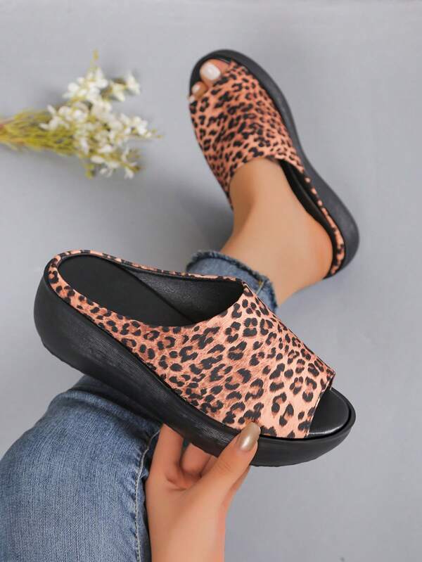 Women's Fashion Leopard Print Thick Sole Wedge Slippers, Comfortable Casual Plus Size Mom Shoes For Summer